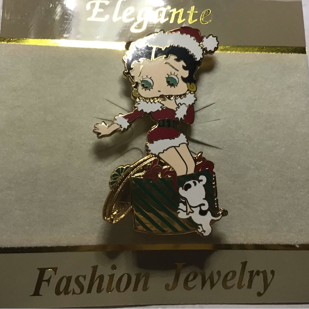 New Betty Boop pin brooch sitting on gift box Santa suit Christmas